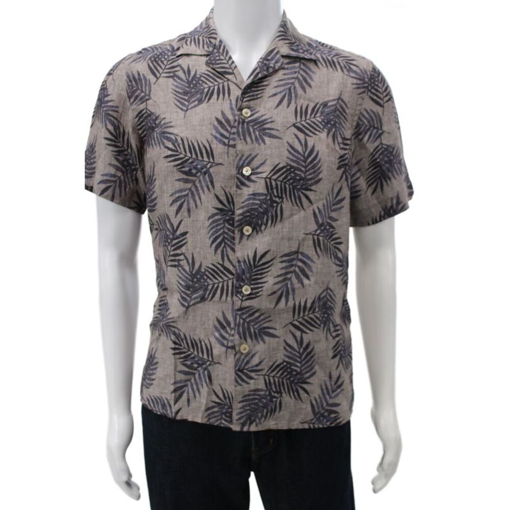 ELEVENTY Mens Button Front Short Sleeve Linen Leaf Print Shirt Brown Size 15